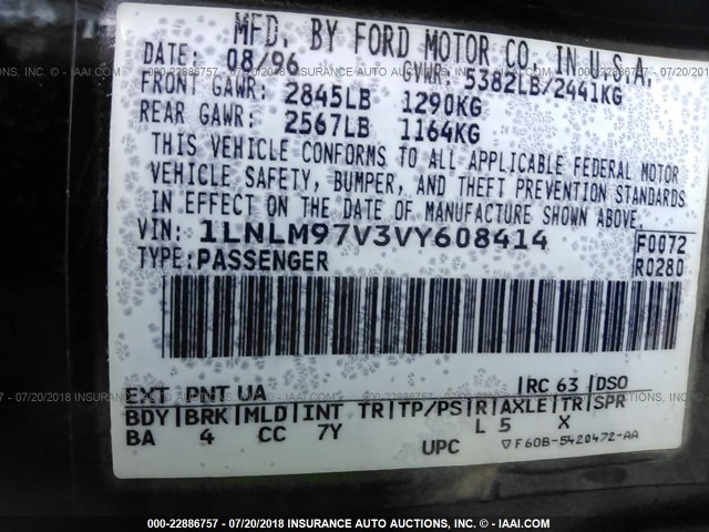 1LNLM97V3VY608414 - 1997 LINCOLN CONTINENTAL  Szary zdjęcie 9