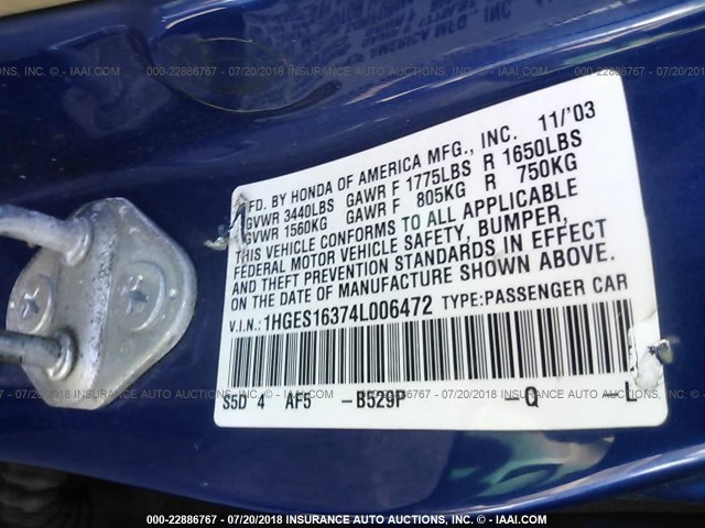 1HGES16374L006472 - 2004 HONDA CIVIC DX VP BLUE photo 9