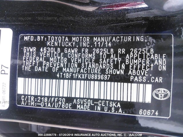 4T1BF1FKXFU889697 - 2015 TOYOTA CAMRY LE/XLE/SE/XSE BLACK photo 9