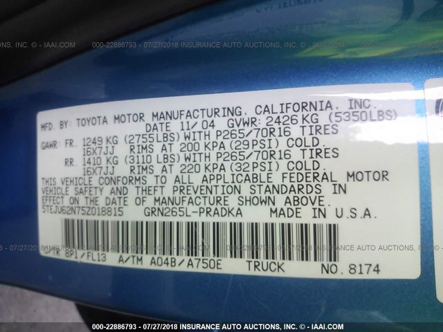 5TEJU62N75Z018815 - 2005 TOYOTA TACOMA DOUBLE CAB PRERUNNER BLUE photo 9