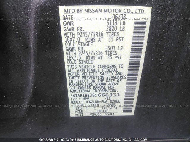 5N1AR18B38C666331 - 2008 NISSAN PATHFINDER S/LE/SE BROWN photo 9