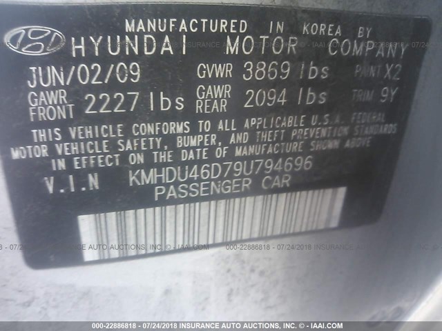 KMHDU46D79U794696 - 2009 HYUNDAI ELANTRA GLS/SE GRAY photo 9