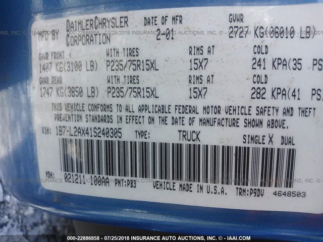 1B7HL2AX41S240305 - 2001 DODGE DAKOTA QUAD BLUE photo 9