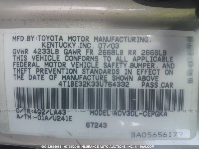 4T1BE32K33U764332 - 2003 TOYOTA CAMRY LE/XLE/SE Qəhvəyi foto 9
