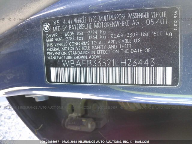 WBAFB33521LH23443 - 2001 BMW X5 4.4I BLUE photo 9