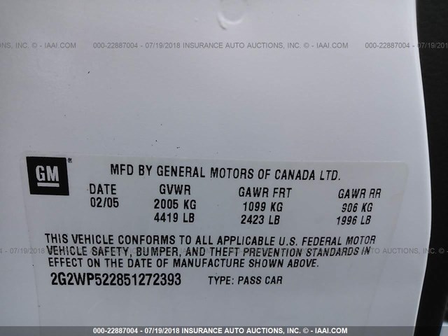 2G2WP522851272393 - 2005 PONTIAC GRAND PRIX თეთრი ფოტო 9