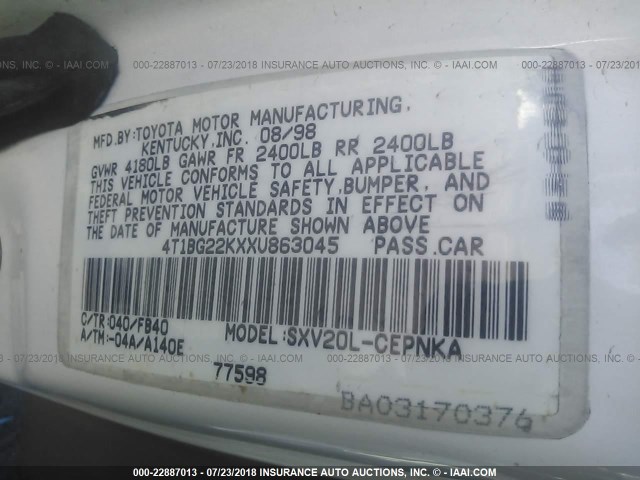 4T1BG22KXXU863045 - 1999 TOYOTA CAMRY CE/LE/XLE 白色 照片 9