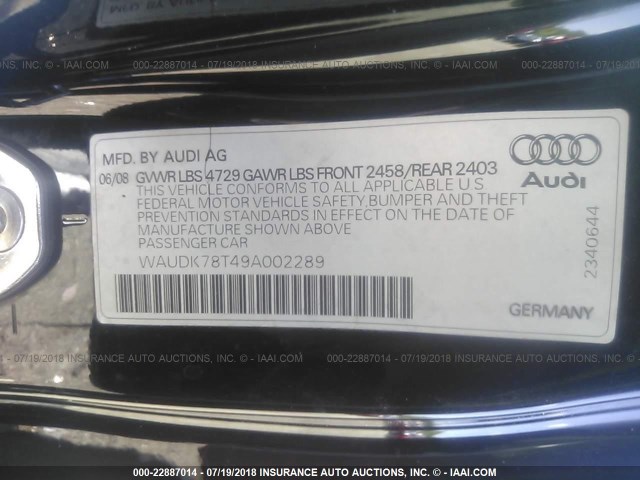 WAUDK78T49A002289 - 2009 AUDI A5 QUATTRO BLACK photo 9