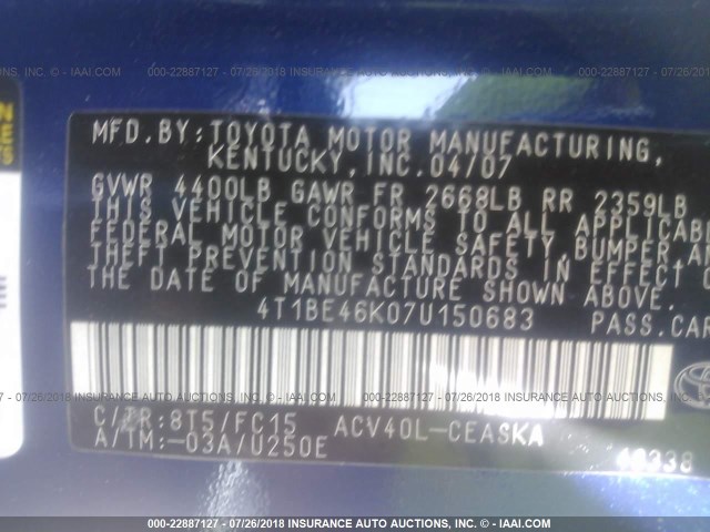 4T1BE46K07U150683 - 2007 TOYOTA CAMRY NEW GENERAT CE/LE/XLE/SE BLUE photo 9