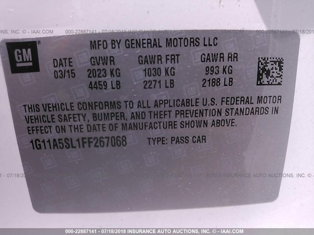 1G11A5SL1FF267068 - 2015 CHEVROLET MALIBU LS Ağ foto 9