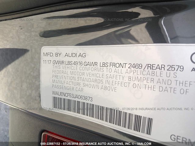 WAUENCF53JA063873 - 2018 AUDI A5 PREMIUM PLUS S-LINE GRAY photo 9