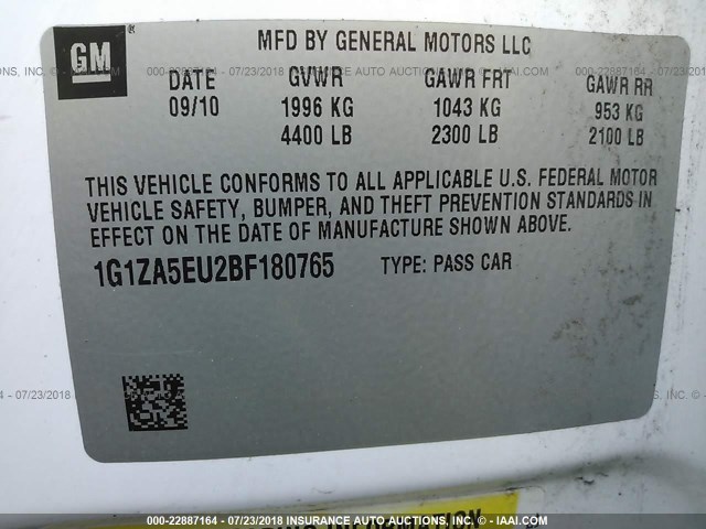 1G1ZA5EU2BF180765 - 2011 CHEVROLET MALIBU LS თეთრი ფოტო 9