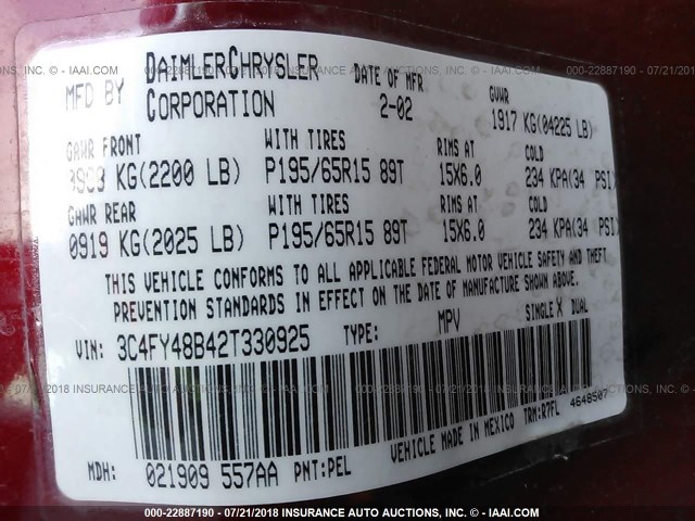 3C4FY48B42T330925 - 2002 CHRYSLER PT CRUISER CLASSIC 红色 照片 9