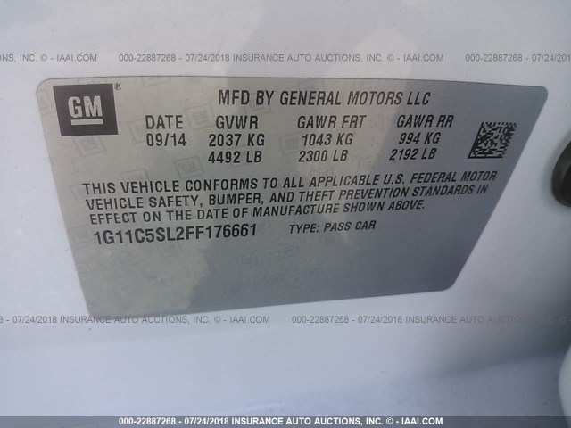 1G11C5SL2FF176661 - 2015 CHEVROLET MALIBU 1LT 白色 照片 9