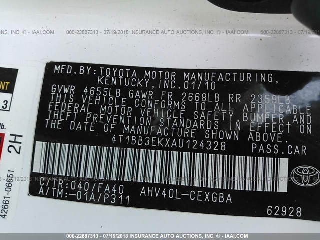 4T1BB3EKXAU124328 - 2010 TOYOTA CAMRY HYBRID WHITE photo 9