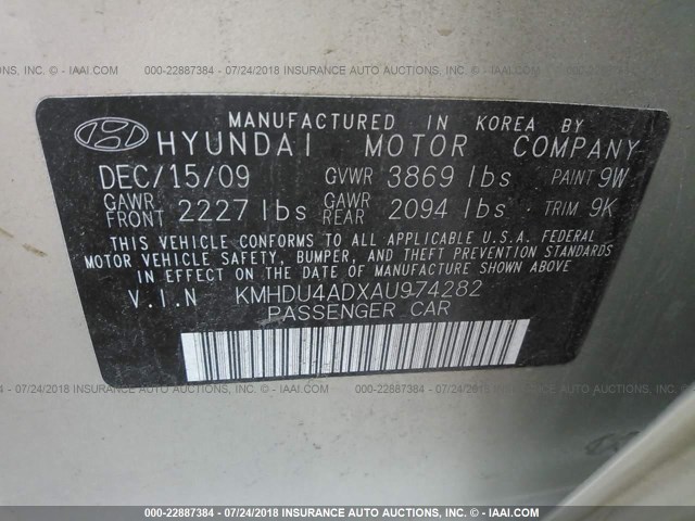 KMHDU4ADXAU974282 - 2010 HYUNDAI ELANTRA BLUE/GLS/SE Pewter photo 9