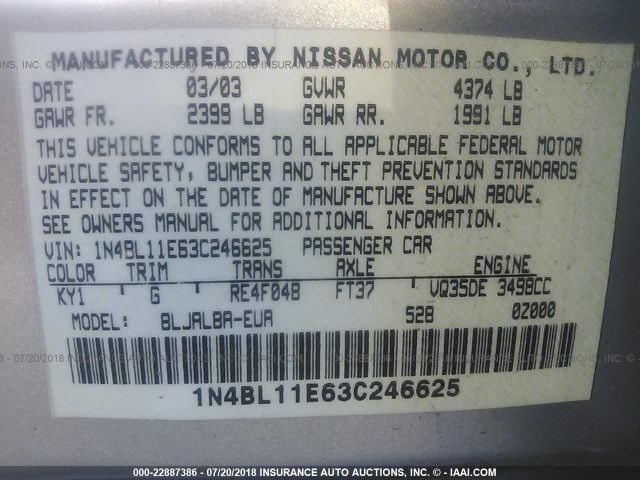 1N4BL11E63C246625 - 2003 NISSAN ALTIMA SE SILVER photo 9