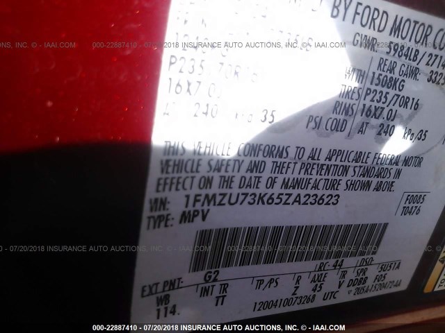 1FMZU73K65ZA23623 - 2005 FORD EXPLORER XLT/XLT SPORT/NBX 红色 照片 9