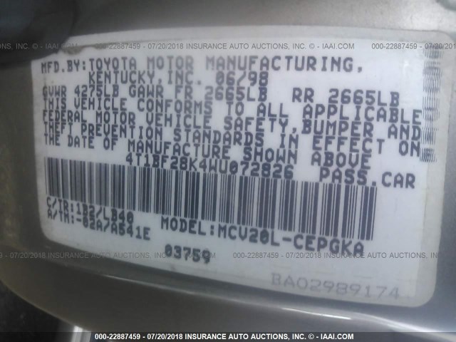 4T1BF28K4WU072826 - 1998 TOYOTA CAMRY CE/LE/XLE GRAY photo 9