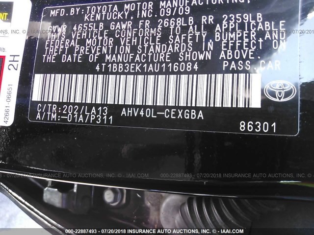 4T1BB3EK1AU116084 - 2010 TOYOTA CAMRY HYBRID BLACK photo 9