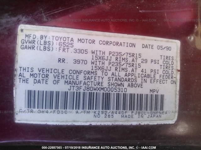 JT3FJ80WXM0005310 - 1991 TOYOTA LAND CRUISER FJ80 RED photo 9