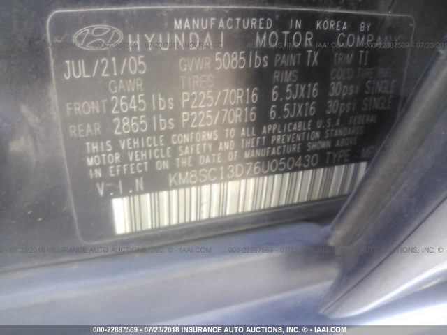 KM8SC13D76U050430 - 2006 HYUNDAI SANTA FE GLS/LIMITED BLACK photo 9