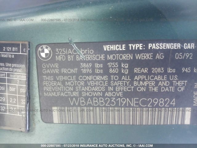 WBABB2319NEC29824 - 1992 BMW 325 IC AUTOMATIC GREEN photo 9