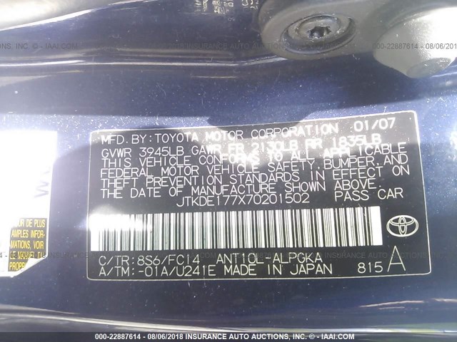 JTKDE177X70201502 - 2007 TOYOTA SCION TC 蓝色 照片 9