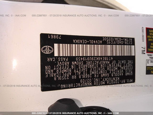 4T1BE46K29U919459 - 2009 TOYOTA CAMRY SE/LE/XLE 白色 照片 9