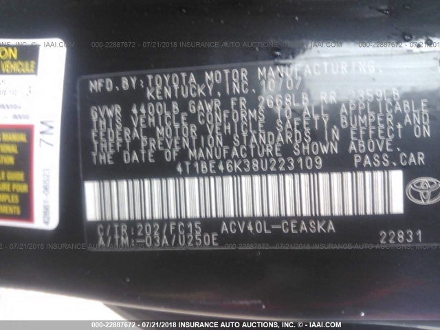 4T1BE46K38U223109 - 2008 TOYOTA CAMRY CE/LE/XLE/SE BLACK photo 9