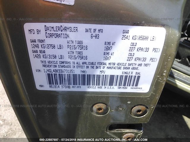 1J4GL48K93W731251 - 2003 JEEP LIBERTY SPORT/FREEDOM მწვანე ფოტო 9