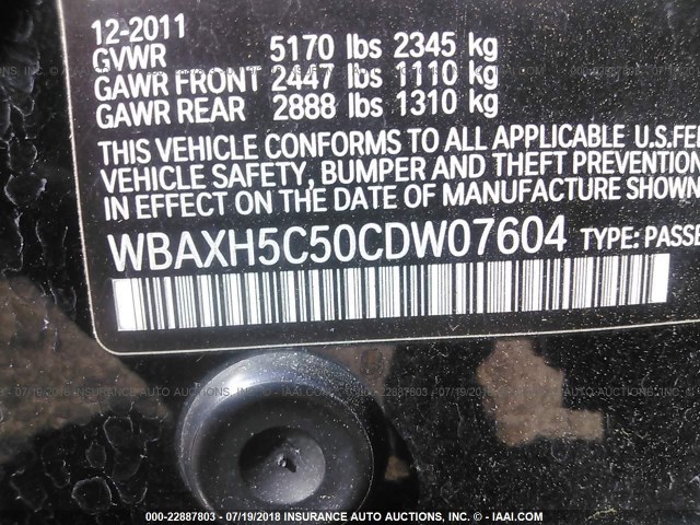 WBAXH5C50CDW07604 - 2012 BMW 528 XI BLACK photo 9