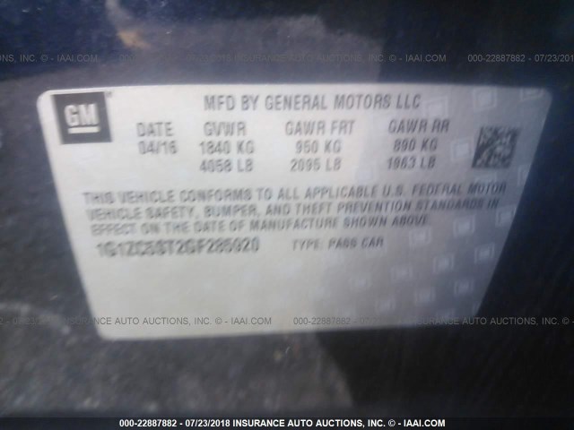 1G1ZC5ST2GF285920 - 2016 CHEVROLET MALIBU LS BLUE photo 9