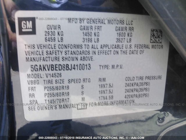 5GAKVBED8BJ410013 - 2011 BUICK ENCLAVE CXL მუქი ლურჯი ფოტო 9