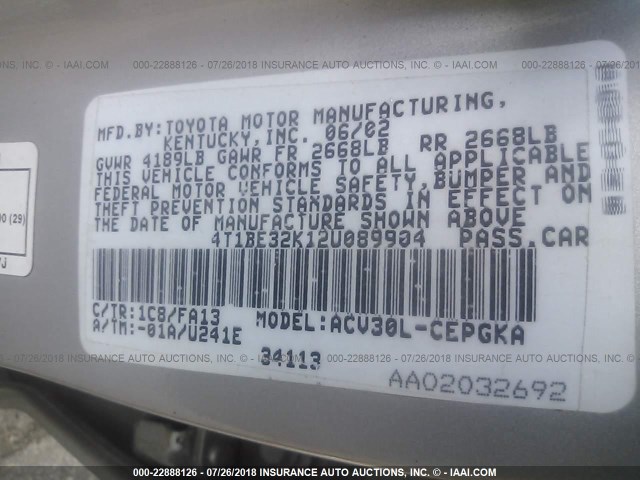 4T1BE32K12U089904 - 2002 TOYOTA CAMRY LE/XLE/SE Gümüş foto 9