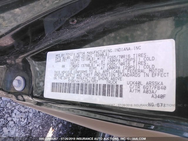 5TBBT44133S387857 - 2003 TOYOTA TUNDRA ACCESS CAB SR5 GREEN photo 9