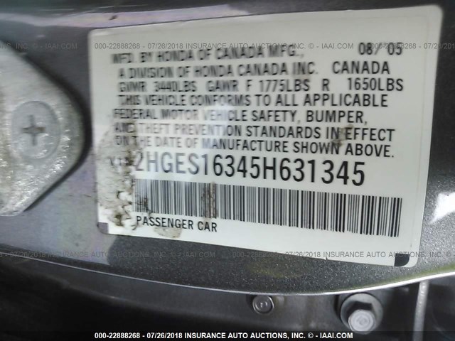 2HGES16345H631345 - 2005 HONDA CIVIC DX VP SILVER photo 9