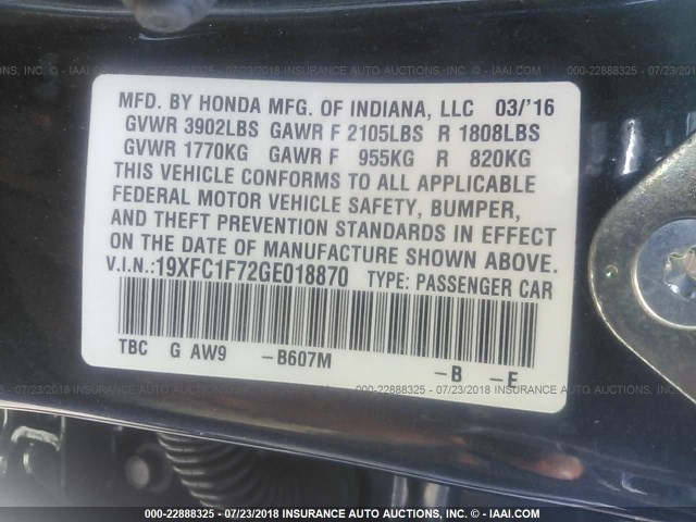 19XFC1F72GE018870 - 2016 HONDA CIVIC EXL 灰色 照片 9
