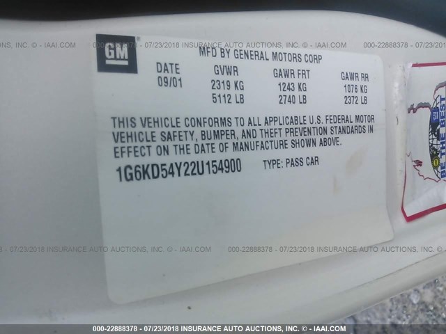 1G6KD54Y22U154900 - 2002 CADILLAC DEVILLE WHITE photo 9