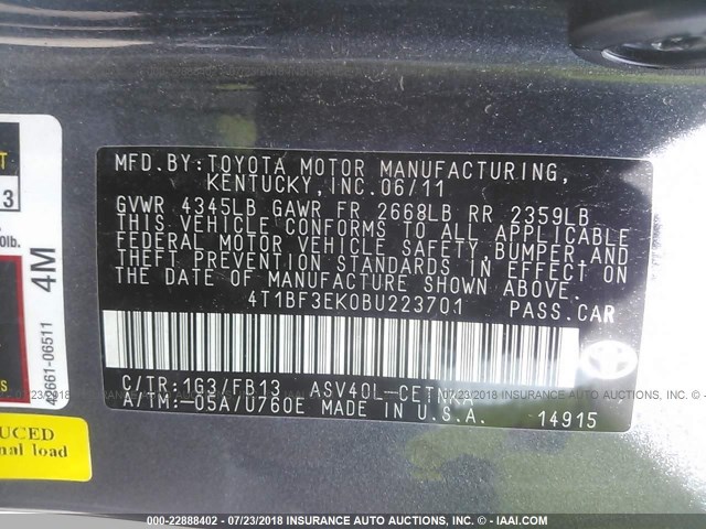 4T1BF3EK0BU223701 - 2011 TOYOTA CAMRY SE/LE/XLE GRAY photo 9