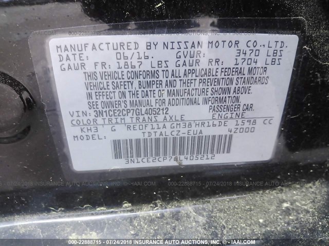 3N1CE2CP7GL405212 - 2016 NISSAN VERSA NOTE S/S PLUS/SV/SL/SR BLACK photo 9