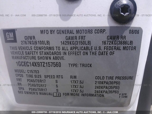 1GCEC14X97Z157560 - 2007 CHEVROLET SILVERADO C1500 CLASSIC WHITE photo 9