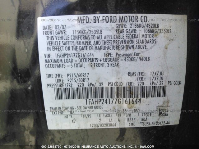 1FAHP24177G161644 - 2007 FORD FIVE HUNDRED SEL BLACK photo 9