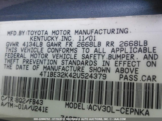 4T1BE32K42U524379 - 2002 TOYOTA CAMRY LE/XLE/SE Mavi foto 9