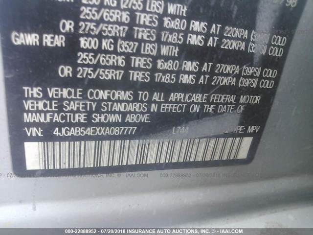 4JGAB54EXXA087777 - 1999 MERCEDES-BENZ ML 320 SILVER photo 9