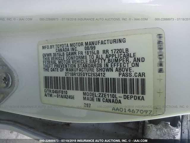 2T1BR12E0YC263412 - 2000 TOYOTA COROLLA VE/CE/LE 白色 照片 9