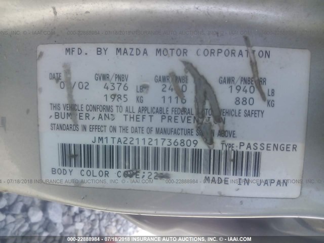 JM1TA221121736809 - 2002 MAZDA MILLENIA SILVER photo 9