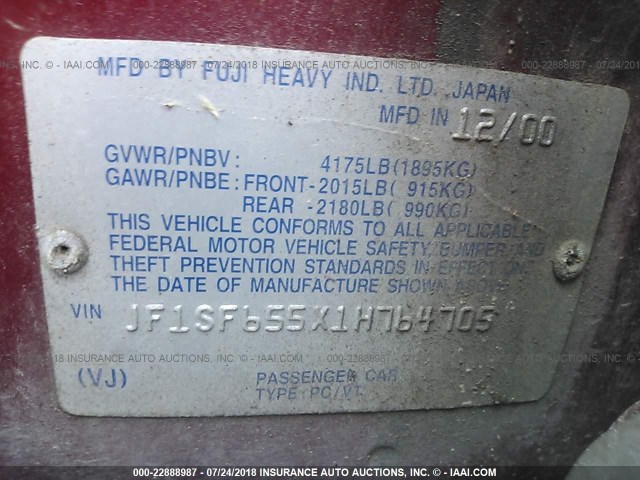 JF1SF655X1H764705 - 2001 SUBARU FORESTER S RED photo 9