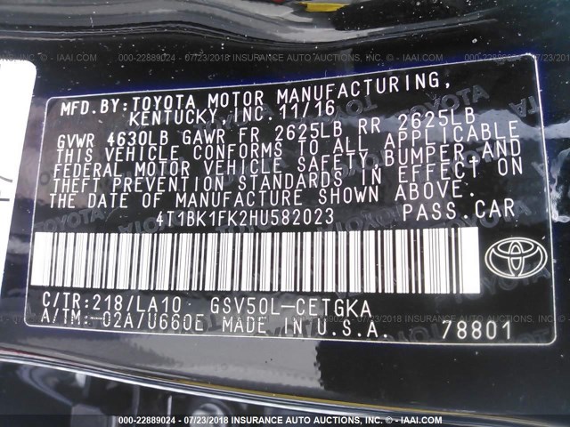 4T1BK1FK2HU582023 - 2017 TOYOTA CAMRY XSE/XLE Qara foto 9