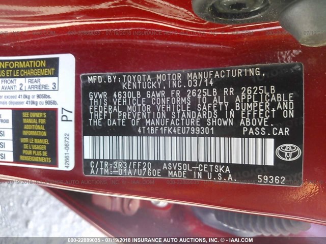 4T1BF1FK4EU799301 - 2014 TOYOTA CAMRY L/SE/LE/XLE წითელი ფოტო 9